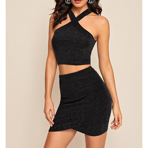 Black Silver Glitter Halter Top and Mini Skirt Set - Picture 4 of 6